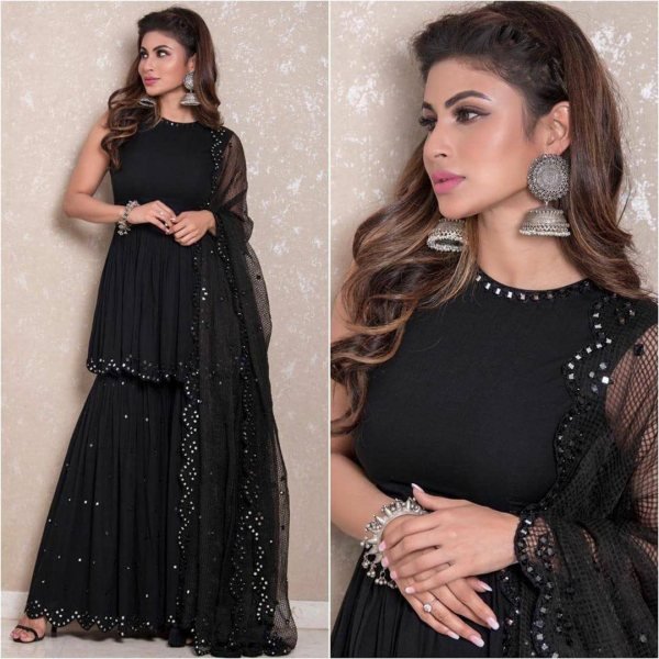 Mouni Roy Georgette Designer Black Sharara Suit Ready To Wear Collection