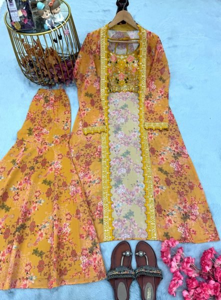 Mrunal Thakur Style Floral Koti Sharara Set Ready to Wear Ready To Wear Collection
