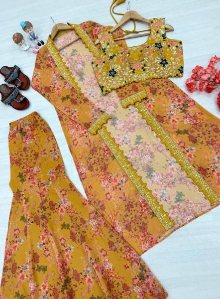 Mrunal Thakur Style Floral Koti Sharara Set Ready to Wear Ready To Wear Collection