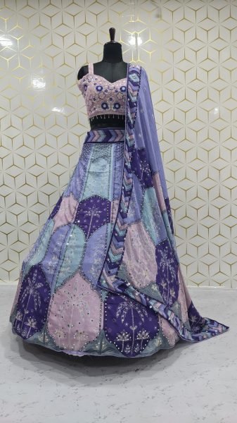 Multi Color Designer Chinon Silk Lehenga with Digital Print and Heavy Mirror Work Designer Lehenga Choli