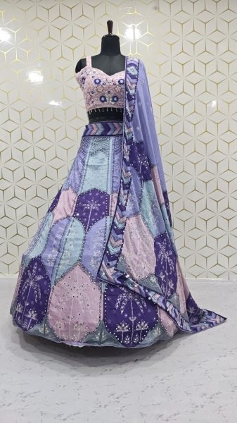 Multi Color Designer Chinon Silk Lehenga with Digital Print and Heavy Mirror Work Designer Lehenga Choli