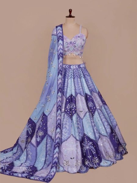 Multi Color Designer Chinon Silk Lehenga with Digital Print and Heavy Mirror Work Designer Lehenga Choli