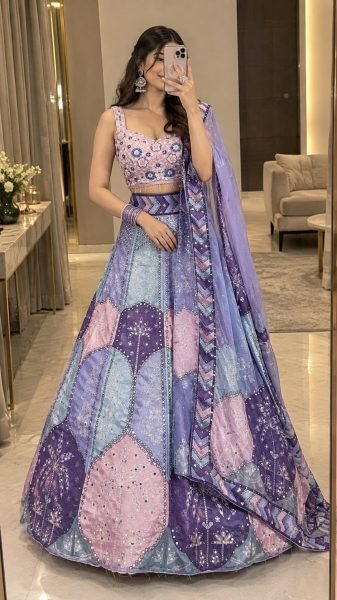 Multi Color Designer Chinon Silk Lehenga with Digital Print and Heavy Mirror Work Designer Lehenga Choli