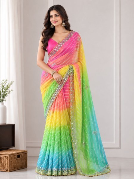 Multi Color Designer Georgette Bandhani Saree with Elegant Beads and Pearl Work at Wholsale Rate Wholesale Sarees Suppliers in Kuwait