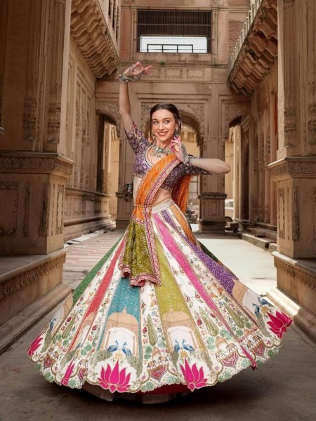 Multi Color Designer Navratri Muslin Cotton Lehenga with 4 Meter Flair and Mirror Work At Wholesale Rate 