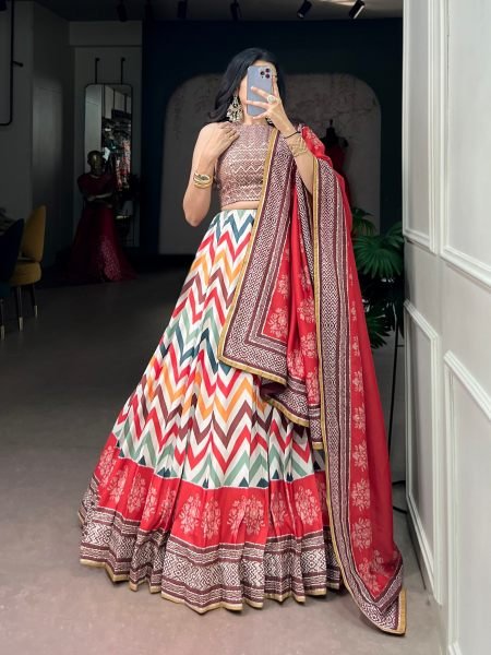 Multi Color Designer Printed Lehenga with Gotta Patti Lace Dupatta for Party Wear 