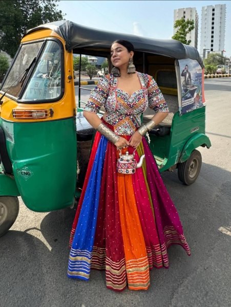 Multi Color Designer Printed Muslin Cotton Lehenga Choli with Real Mirror Work Blouse Navratri Lehnega Choli