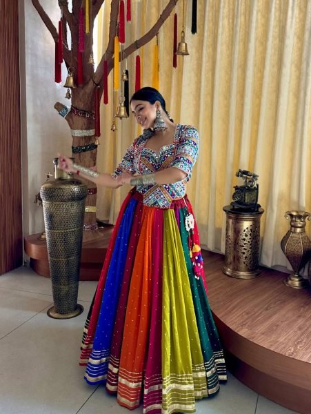 Multi Color Designer Printed Muslin Cotton Lehenga Choli with Real Mirror Work Blouse Navratri Lehnega Choli