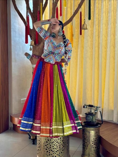 Multi Color Designer Printed Muslin Cotton Lehenga Choli with Real Mirror Work Blouse Navratri Lehnega Choli