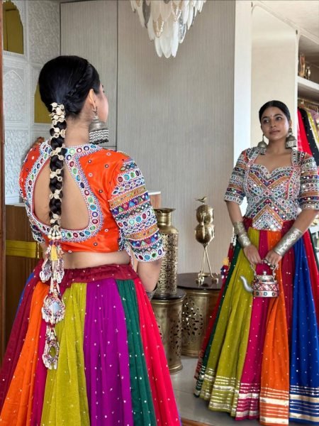 Multi Color Designer Printed Muslin Cotton Lehenga Choli with Real Mirror Work Blouse Navratri Lehnega Choli