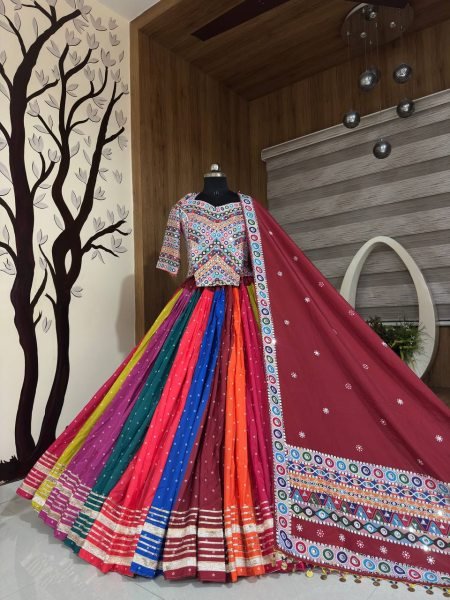 Multi Color Designer Printed Muslin Cotton Lehenga Choli with Real Mirror Work Blouse Navratri Lehnega Choli