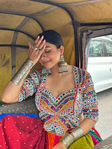 Multi Color Designer Printed Muslin Cotton Lehenga Choli with Real Mirror Work Blouse Navratri Lehnega Choli