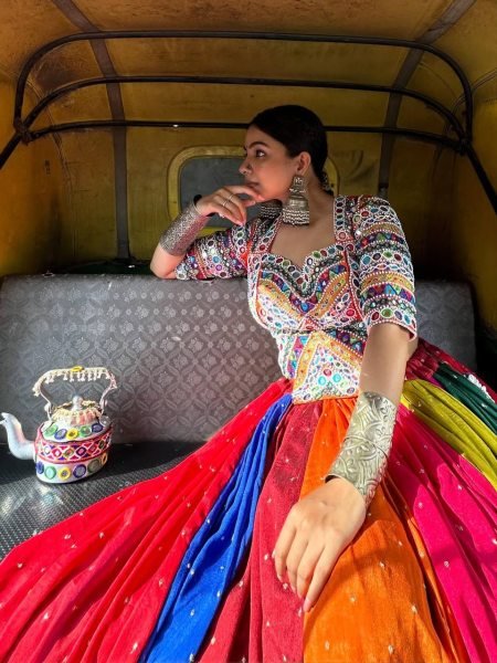 Multi Color Designer Printed Muslin Cotton Lehenga Choli with Real Mirror Work Blouse Navratri Lehnega Choli
