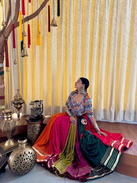Multi Color Designer Printed Muslin Cotton Lehenga Choli with Real Mirror Work Blouse Navratri Lehnega Choli