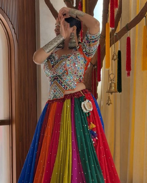 Multi Color Designer Printed Muslin Cotton Lehenga Choli with Real Mirror Work Blouse Navratri Lehnega Choli