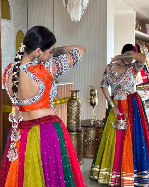 Multi Color Designer Printed Muslin Cotton Lehenga Choli with Real Mirror Work Blouse Navratri Lehnega Choli