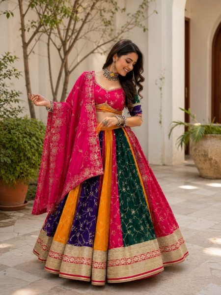 Multi Color Elegant Milky Silk Navratri Lehenga Choli with Heavy Embroidery for Garba Nights  Lehenga