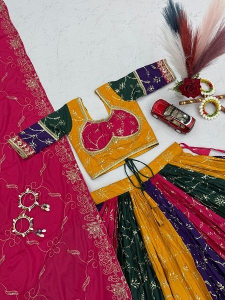 Multi Color Elegant Milky Silk Navratri Lehenga Choli with Heavy Embroidery for Garba Nights Navratri Lehnega Choli