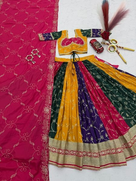 Multi Color Elegant Milky Silk Navratri Lehenga Choli with Heavy Embroidery for Garba Nights Navratri Lehnega Choli
