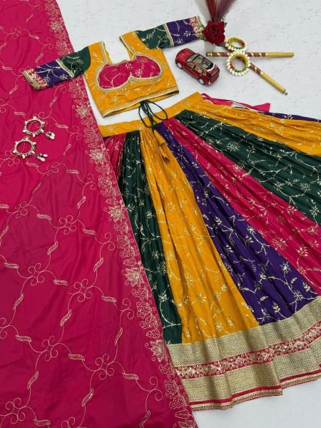 Multi Color Elegant Milky Silk Navratri Lehenga Choli with Heavy Embroidery for Garba Nights Navratri Lehnega Choli