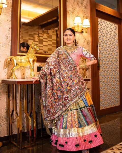 Multi Color Festive Wear Muslin Cotton Chaniya Choli with Mirror Work Dupatta Navratri Lehnega Choli