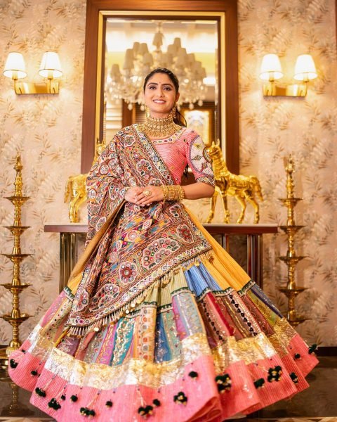Multi Color Festive Wear Muslin Cotton Chaniya Choli with Mirror Work Dupatta Navratri Lehnega Choli