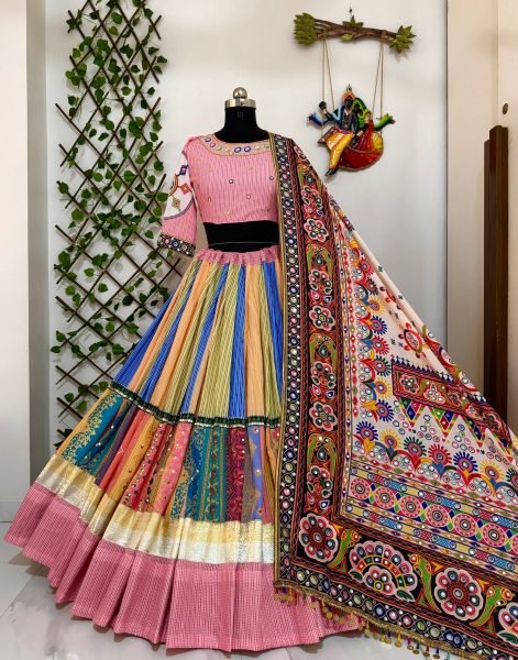 Multi Color Festive Wear Muslin Cotton Chaniya Choli with Mirror Work Dupatta Navratri Lehnega Choli