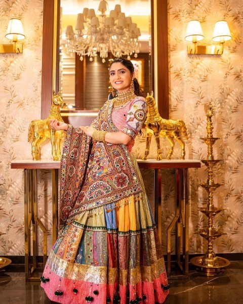 Multi Color Festive Wear Muslin Cotton Chaniya Choli with Mirror Work Dupatta Navratri Lehnega Choli