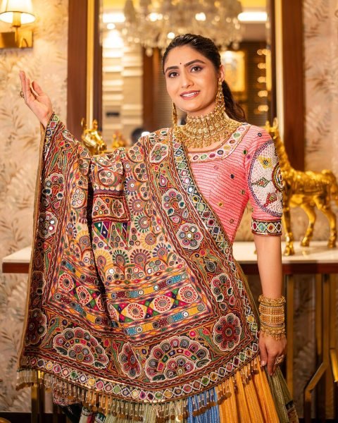 Multi Color Festive Wear Muslin Cotton Chaniya Choli with Mirror Work Dupatta Navratri Lehnega Choli
