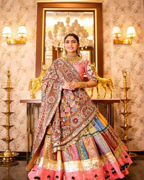 Multi Color Festive Wear Muslin Cotton Chaniya Choli with Mirror Work Dupatta Navratri Lehnega Choli