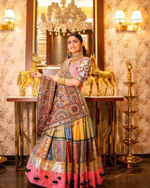 Multi Color Festive Wear Muslin Cotton Chaniya Choli with Mirror Work Dupatta Navratri Lehnega Choli