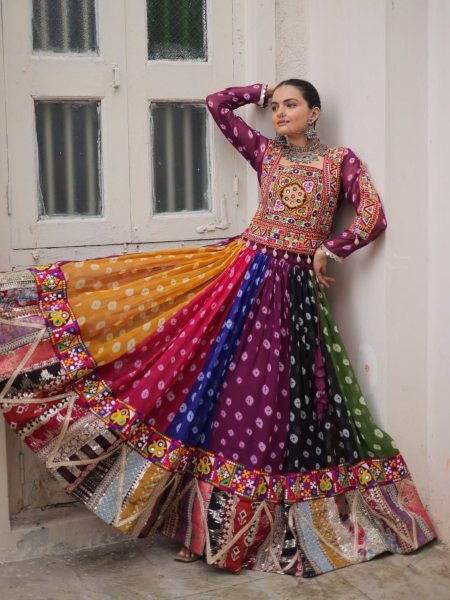 Multi color Georgette Printed Lehenga Choli with Kutchi Gamthi Work for Navratri Celebrations  Lehenga