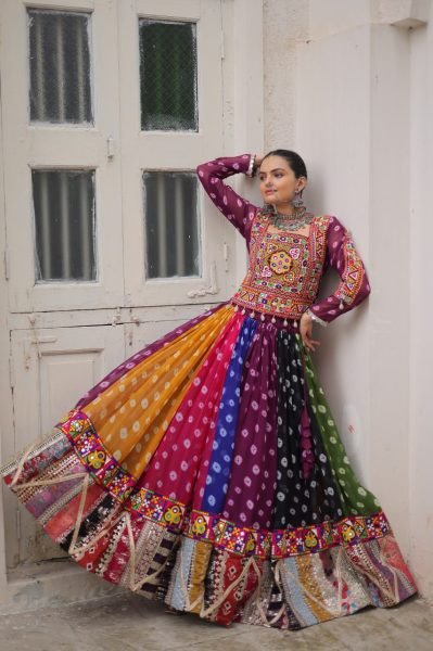 Multi color Georgette Printed Lehenga Choli with Kutchi Gamthi Work for Navratri Celebrations Navratri Lehnega Choli