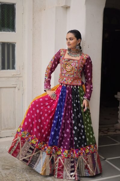 Multi color Georgette Printed Lehenga Choli with Kutchi Gamthi Work for Navratri Celebrations Navratri Lehnega Choli