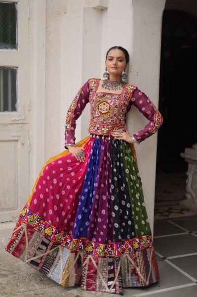 Multi color Georgette Printed Lehenga Choli with Kutchi Gamthi Work for Navratri Celebrations Navratri Lehnega Choli