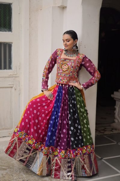 Multi color Georgette Printed Lehenga Choli with Kutchi Gamthi Work for Navratri Celebrations Navratri Lehnega Choli