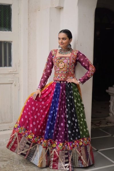Multi color Georgette Printed Lehenga Choli with Kutchi Gamthi Work for Navratri Celebrations Navratri Lehnega Choli