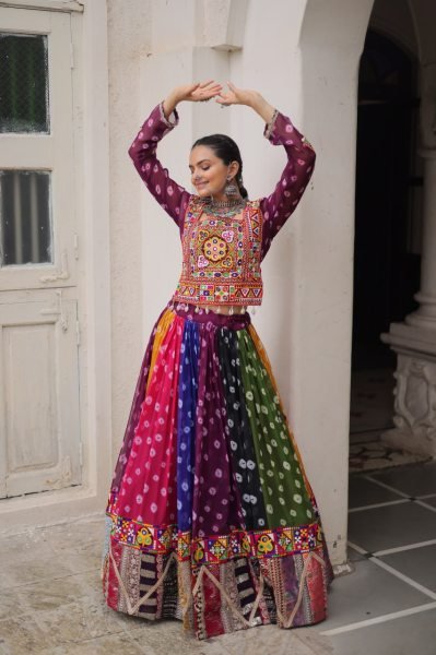 Multi color Georgette Printed Lehenga Choli with Kutchi Gamthi Work for Navratri Celebrations Navratri Lehnega Choli