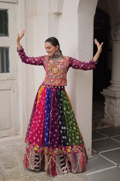 Multi color Georgette Printed Lehenga Choli with Kutchi Gamthi Work for Navratri Celebrations Navratri Lehnega Choli
