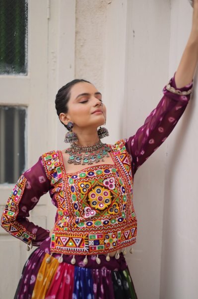 Multi color Georgette Printed Lehenga Choli with Kutchi Gamthi Work for Navratri Celebrations Navratri Lehnega Choli