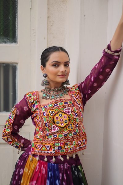 Multi color Georgette Printed Lehenga Choli with Kutchi Gamthi Work for Navratri Celebrations Navratri Lehnega Choli