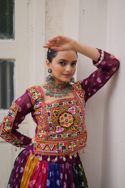 Multi color Georgette Printed Lehenga Choli with Kutchi Gamthi Work for Navratri Celebrations Navratri Lehnega Choli