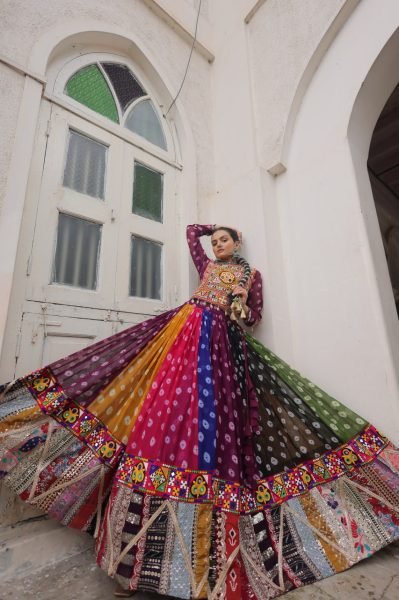 Multi color Georgette Printed Lehenga Choli with Kutchi Gamthi Work for Navratri Celebrations Navratri Lehnega Choli