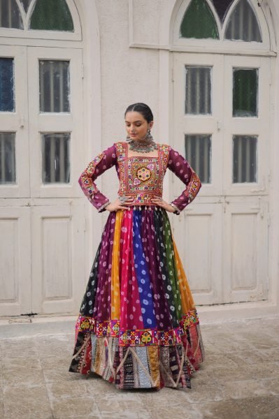 Multi color Georgette Printed Lehenga Choli with Kutchi Gamthi Work for Navratri Celebrations Navratri Lehnega Choli