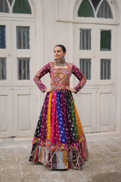 Multi color Georgette Printed Lehenga Choli with Kutchi Gamthi Work for Navratri Celebrations Navratri Lehnega Choli