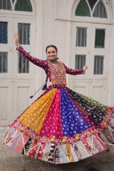 Multi color Georgette Printed Lehenga Choli with Kutchi Gamthi Work for Navratri Celebrations Navratri Lehnega Choli