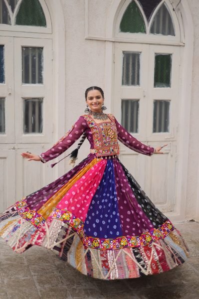 Multi color Georgette Printed Lehenga Choli with Kutchi Gamthi Work for Navratri Celebrations Navratri Lehnega Choli