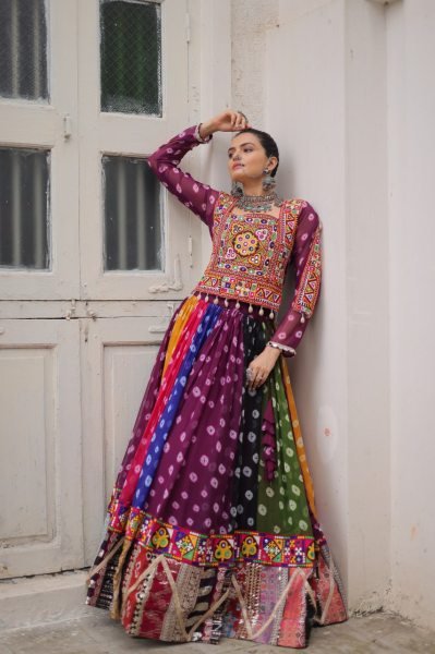 Multi color Georgette Printed Lehenga Choli with Kutchi Gamthi Work for Navratri Celebrations Navratri Lehnega Choli