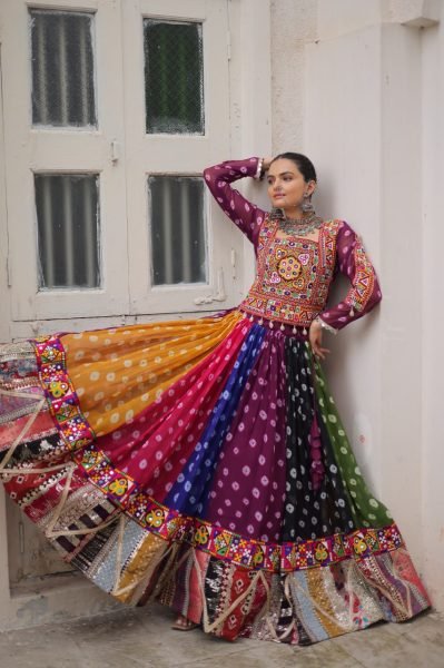 Multi color Georgette Printed Lehenga Choli with Kutchi Gamthi Work for Navratri Celebrations Navratri Lehnega Choli
