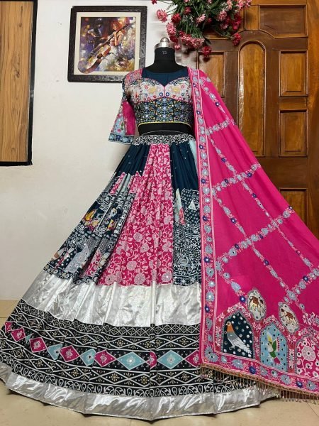 Multi Color Heavy Muslin Cotton Lehenga Choli with Real Mirror Work and Designer Dupatta Navratri Lehnega Choli